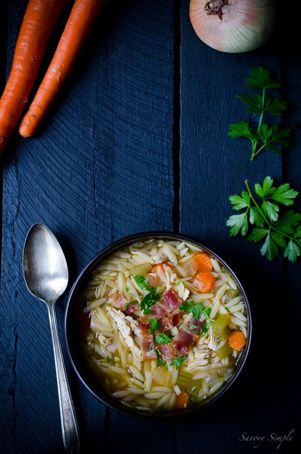 One pot chicken and bacon orzo soup