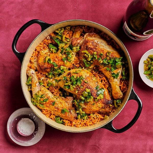One-pot chicken and rice with olive gremolata 