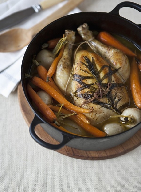 One pot chicken braised with Riesling and vegetables