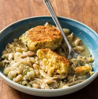 One-pot chicken chili with cornmeal dumplings
