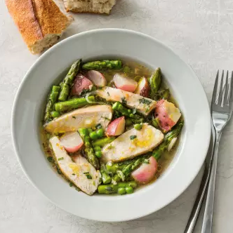 One-pot chicken with braised spring vegetables