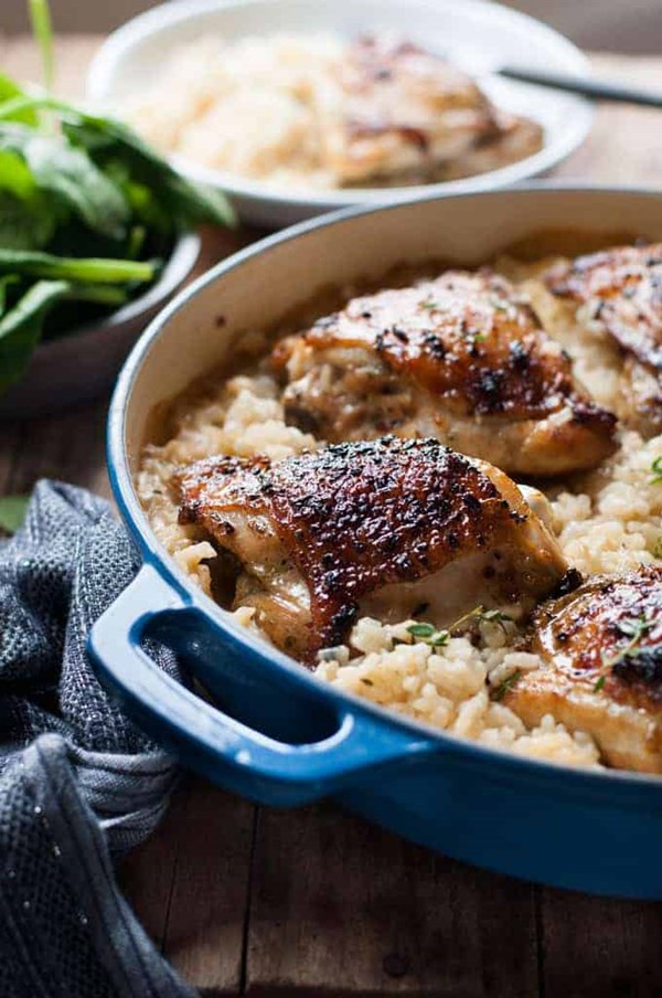 One pot creamy baked risotto with lemon pepper chicken