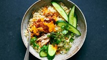 One-pot gingery chicken and rice with peanut sauce