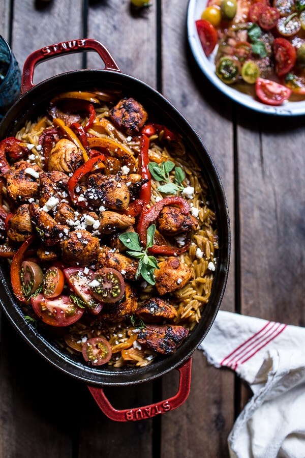One-pot Greek oregano chicken and orzo with tomatoes in garlic oil