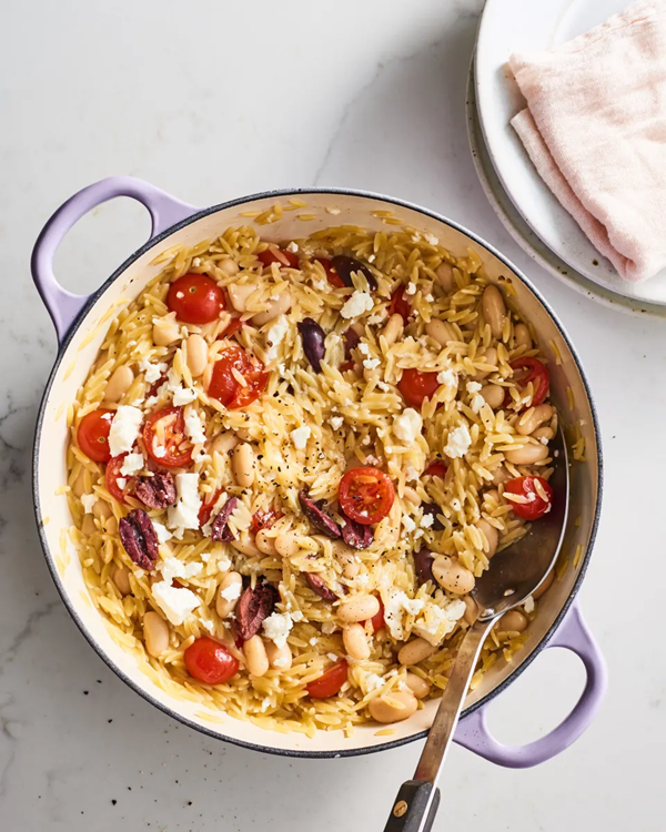 One-pot Greek orzo with tomatoes, white beans, and feta
