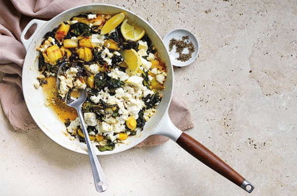 One-pot greens with barrel-aged feta