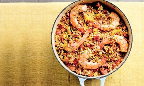 One-pot ham, sausage & prawn rice