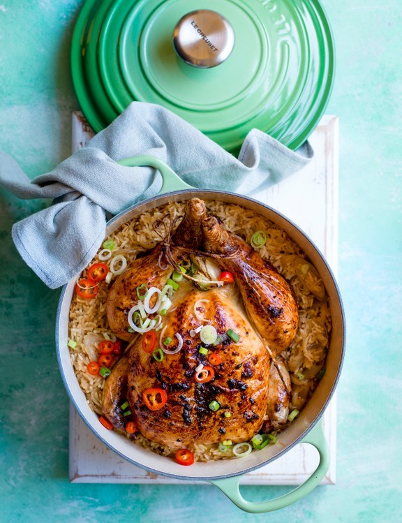 One-pot koji roast chicken with garlic and ginger rice