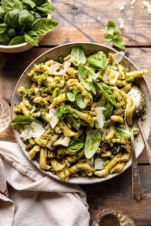 One pot lemon basil, asparagus, and sausage pasta
