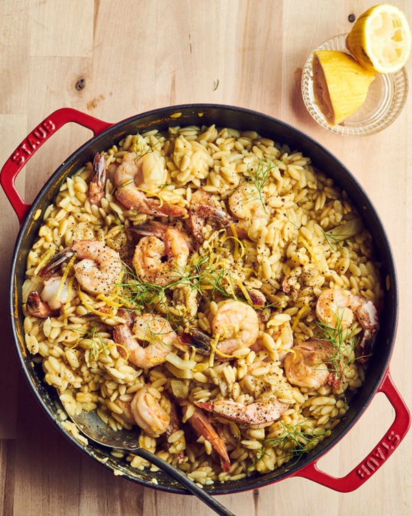 One-pot lemon orzo with shrimp and fennel