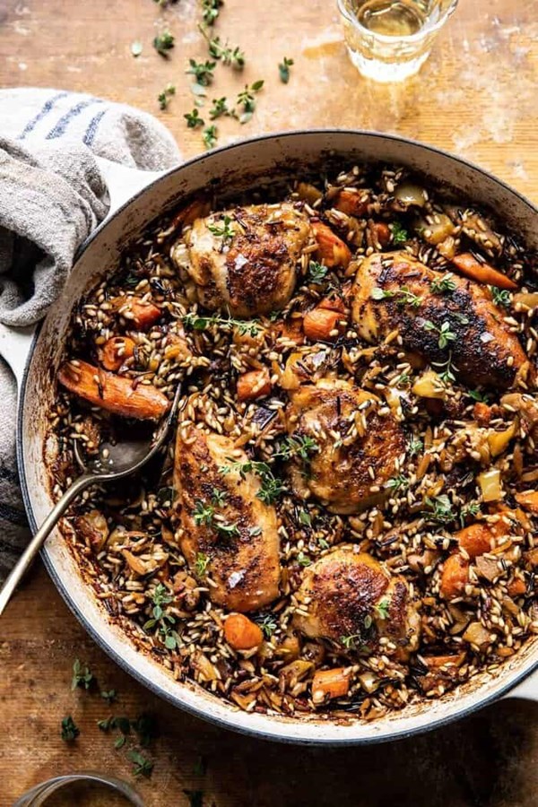 One pot lemon rosemary Dijon chicken and butter toasted rice pilaf