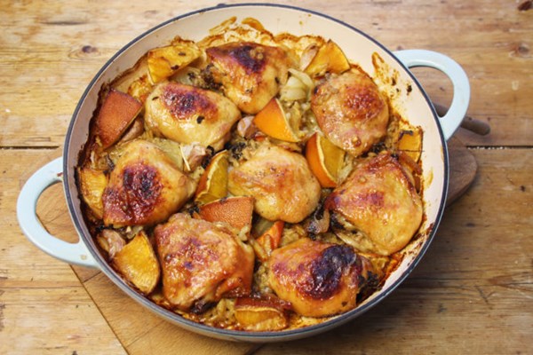 One pot marmalade, clementine and garlic chicken thighs with pearl barley