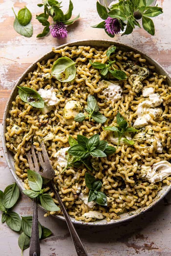 One pot melty burrata lemon pesto pasta (+pistachio basil pesto)