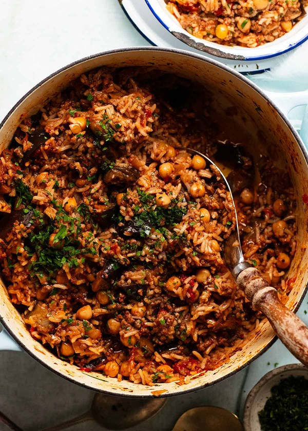 One-pot moussaka beef rice pilaf