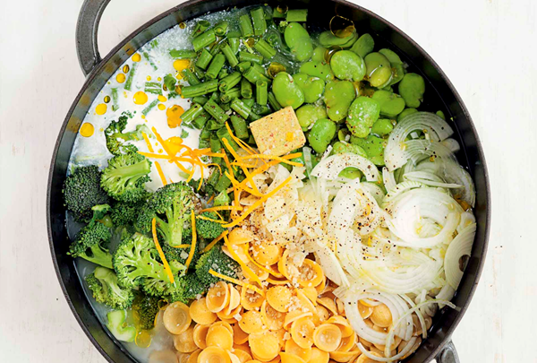 One-pot orecchiette primavera pasta
