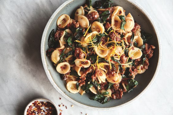 One-pot orecchiette with Swiss chard, sausage, and lemon