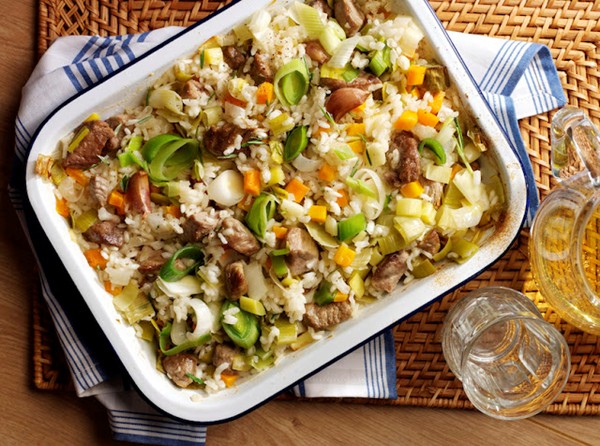 One-pot oven baked lamb and leek risotto