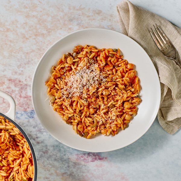 One-pot pantry orzo with chickpeas 