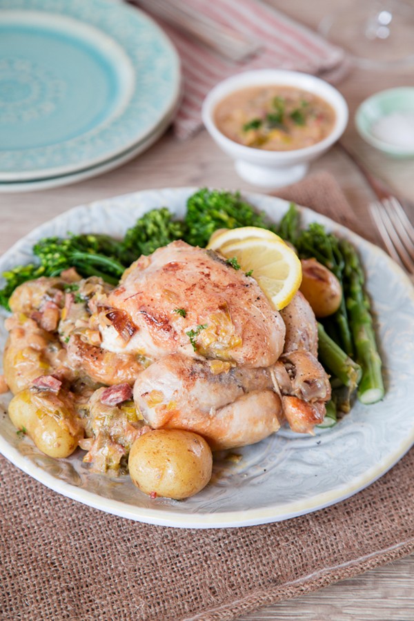One pot poussin with spring vegetables