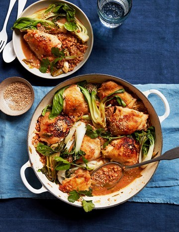 One-pot roast chicken with miso, pak choi and spelt