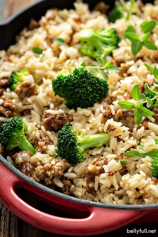 One pot sausage and rice with broccoli