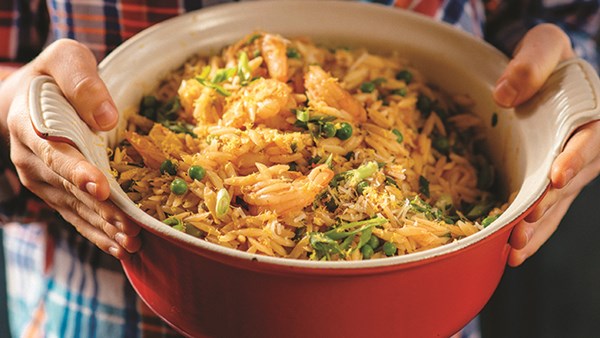 One-pot shrimp and pea orzo