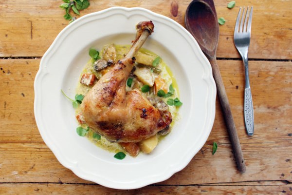 One pot, slow-cooked, creamy chicken, swede and mushroom stew