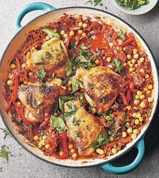 One-pot Spanish-style chicken with peppers, olives & mixed grains