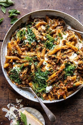 One pot sun-dried tomato pasta with whipped ricotta