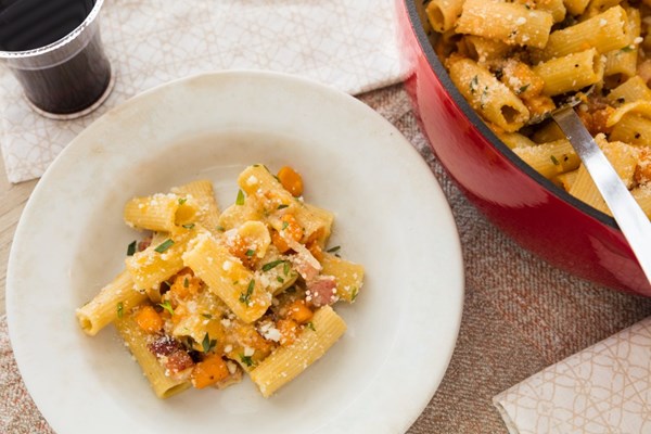 One-pot sweet potato and bacon pasta
