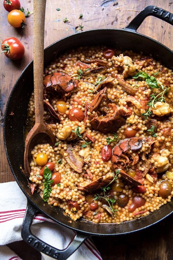 One pot tomato basil lobster and herbed pearl couscous