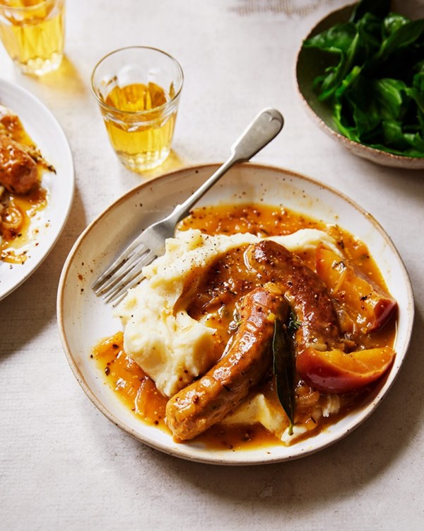 One pot veggie sausage, apple and cider casserole