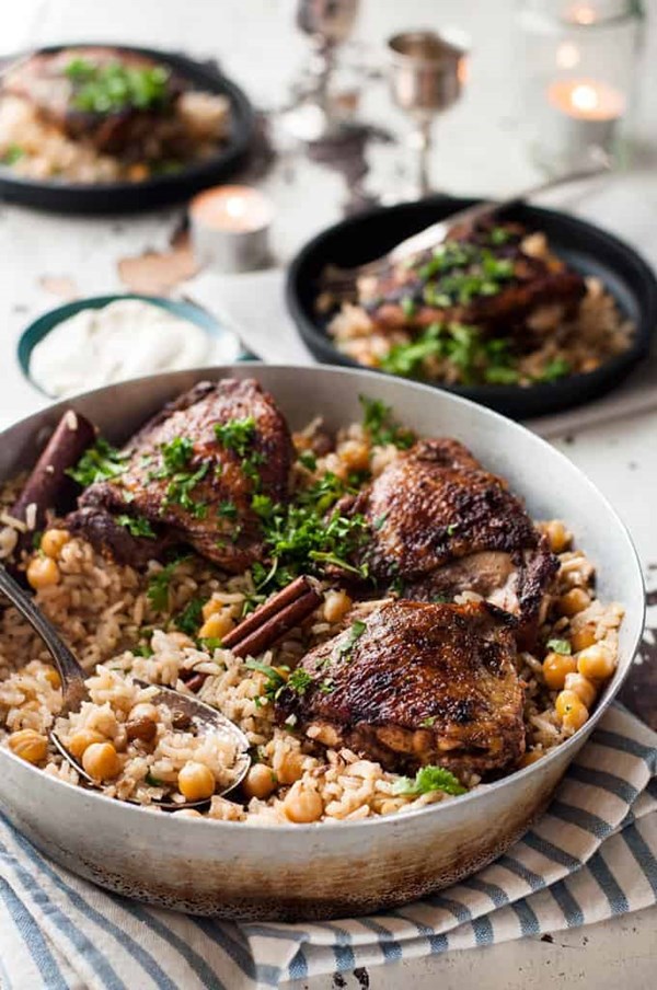 One skillet baked chicken shawarma and rice pilaf