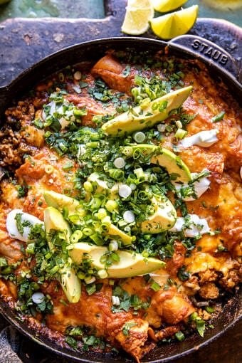 One skillet Buffalo ranch chicken enchiladas