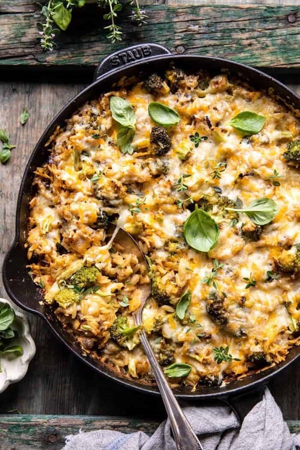One skillet cheesy broccoli cheddar orzo bake