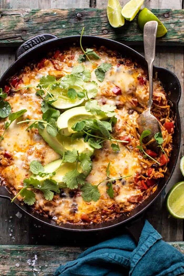 One skillet cheesy Cuban chicken rice bake