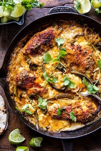 One skillet cheesy green chile chicken