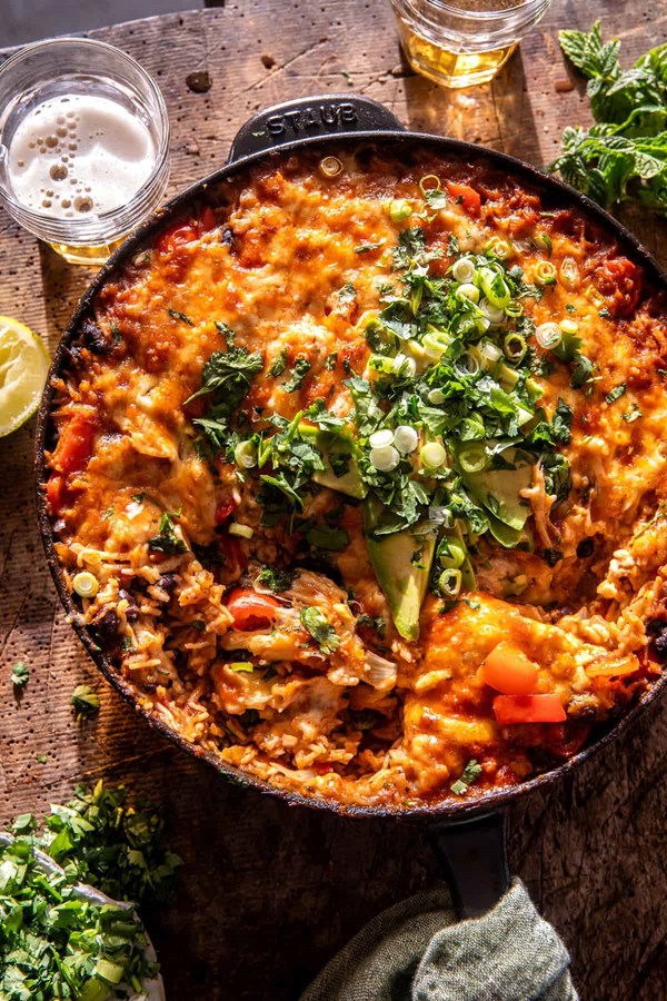 One skillet cheesy salsa chicken rice bake
