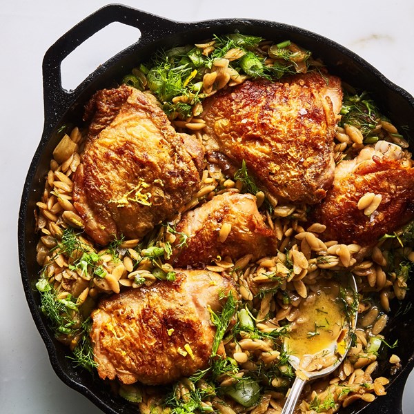 One-skillet chicken with buttery orzo