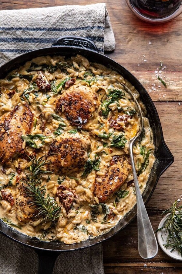 One skillet creamy sun-dried tomato chicken and orzo