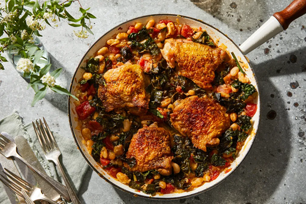 One-skillet crispy chicken with brothy beans