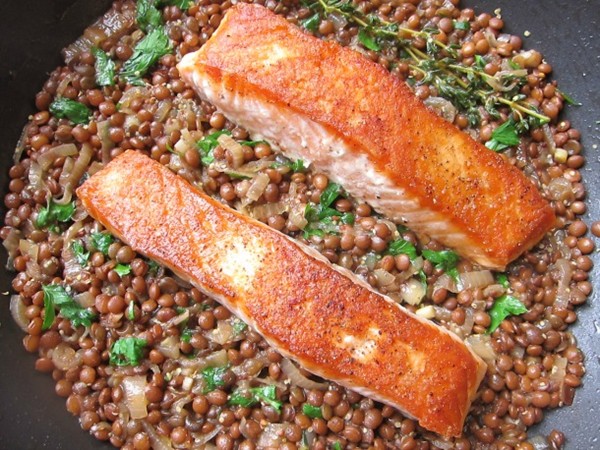 One-skillet crispy salmon with mustardy lentils