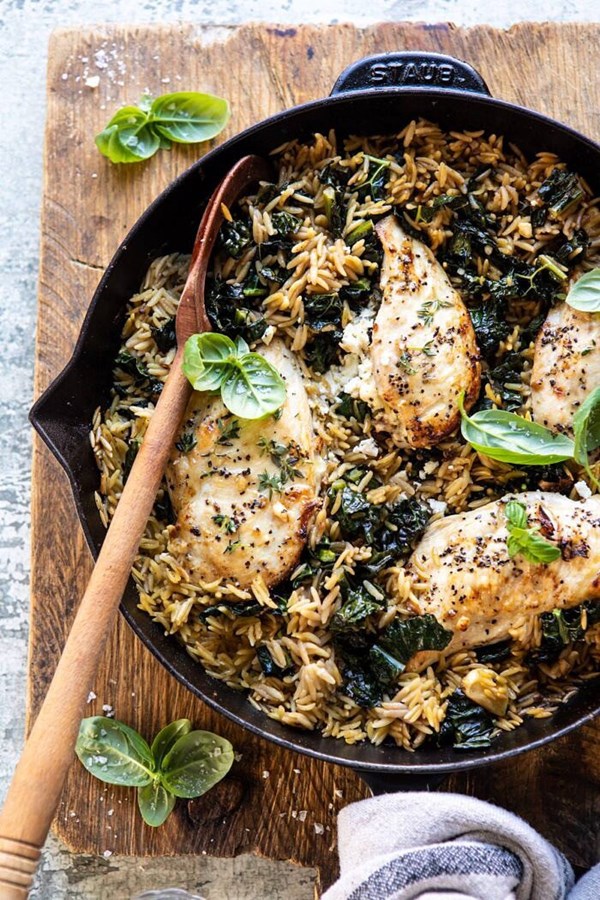 One skillet goat cheese stuffed chicken and orzo