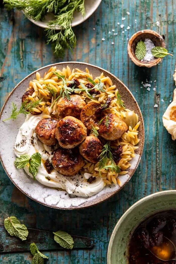 One skillet Greek meatballs and lemon butter orzo with whipped feta
