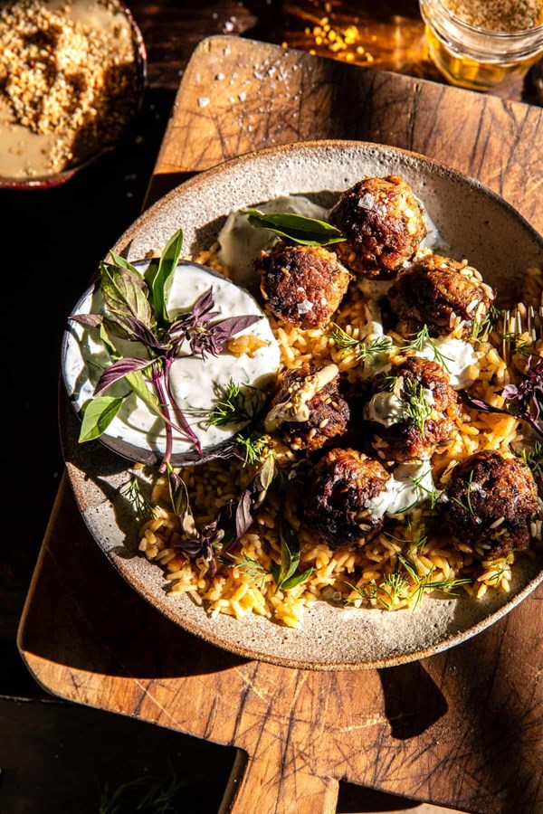 One skillet Greek meatballs and lemon rice