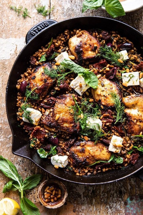 One skillet Greek sun-dried tomato chicken and farro