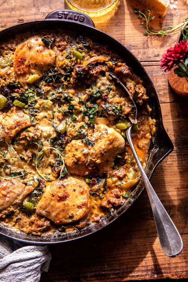 One skillet Tuscan chicken and orzo