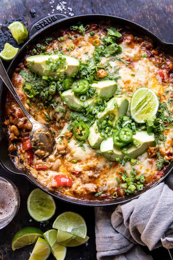 One skillet white chicken chili bake