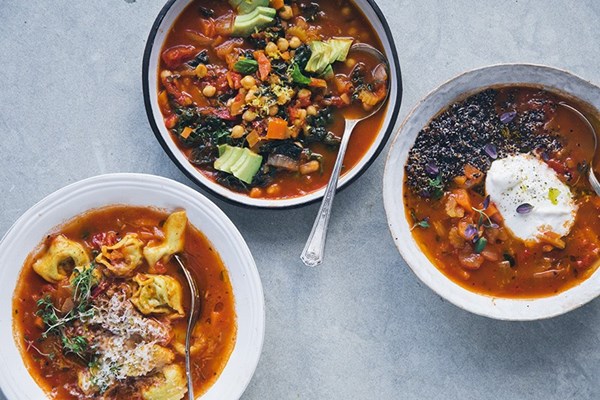 One soup – three ways [simple tomato broth; vegan cavolo nero & chickpea soup; tortellini drop soup; quinoa & mozzarella melt soup]