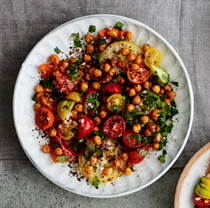 One tomato salad - four ways: popped chickpeas and Israeli spice
